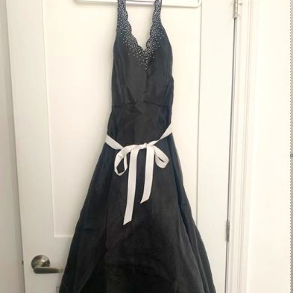 Vintage Black Dress with White Beading and Bow